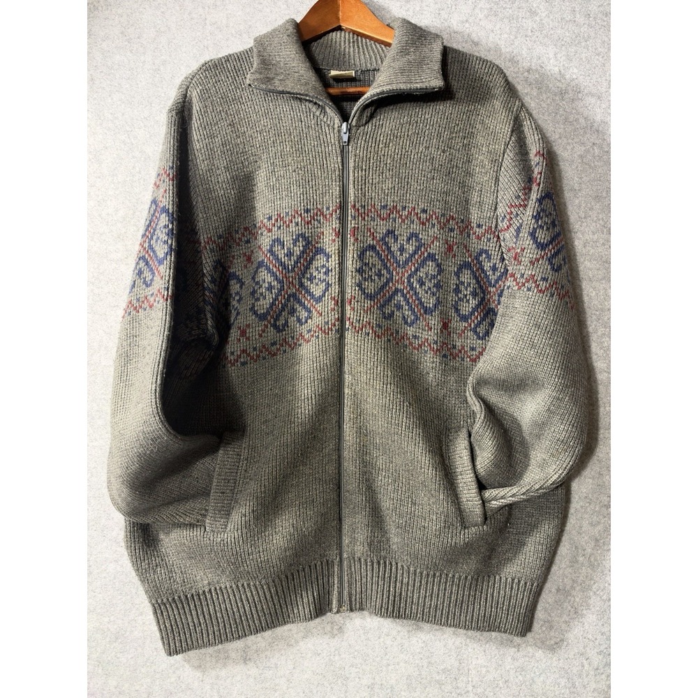 Vintage 80s St Michael Full Zip Sweater XL 46 Made Canada Fair Isle Nordic Gray